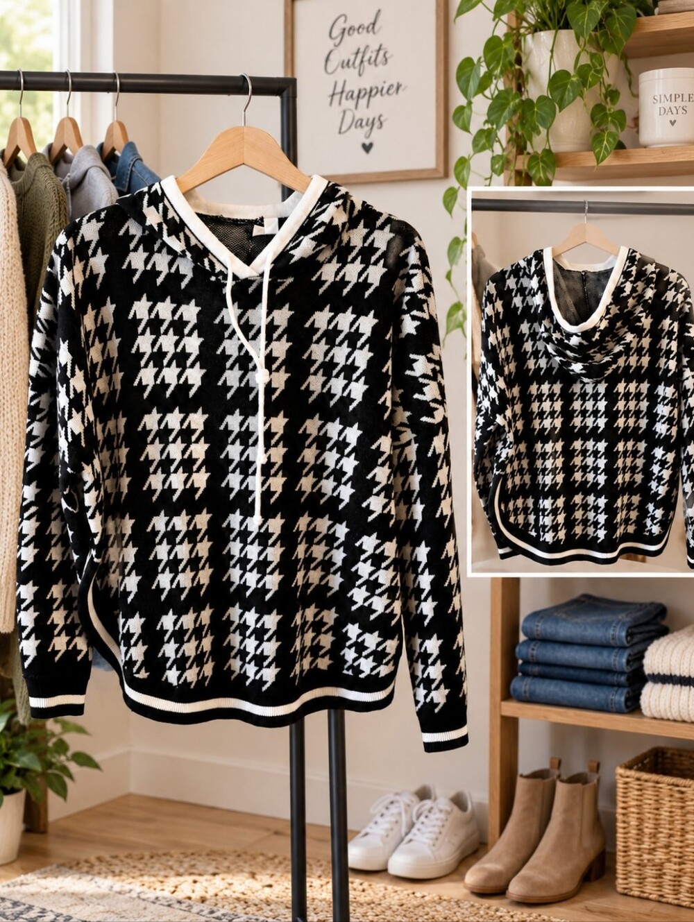 Crown & Ivy Black White Houndstooth Knit Hoodie Sweater Pullover M